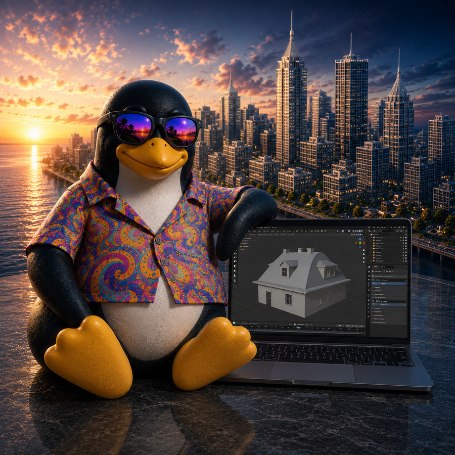 Illustration eines Linux-Pinguins mit Sonnenbrille und farbigem Hemd, der sich vor einer Stadtansicht auf einen Laptop mit Blender-Oberfläche lehnt.