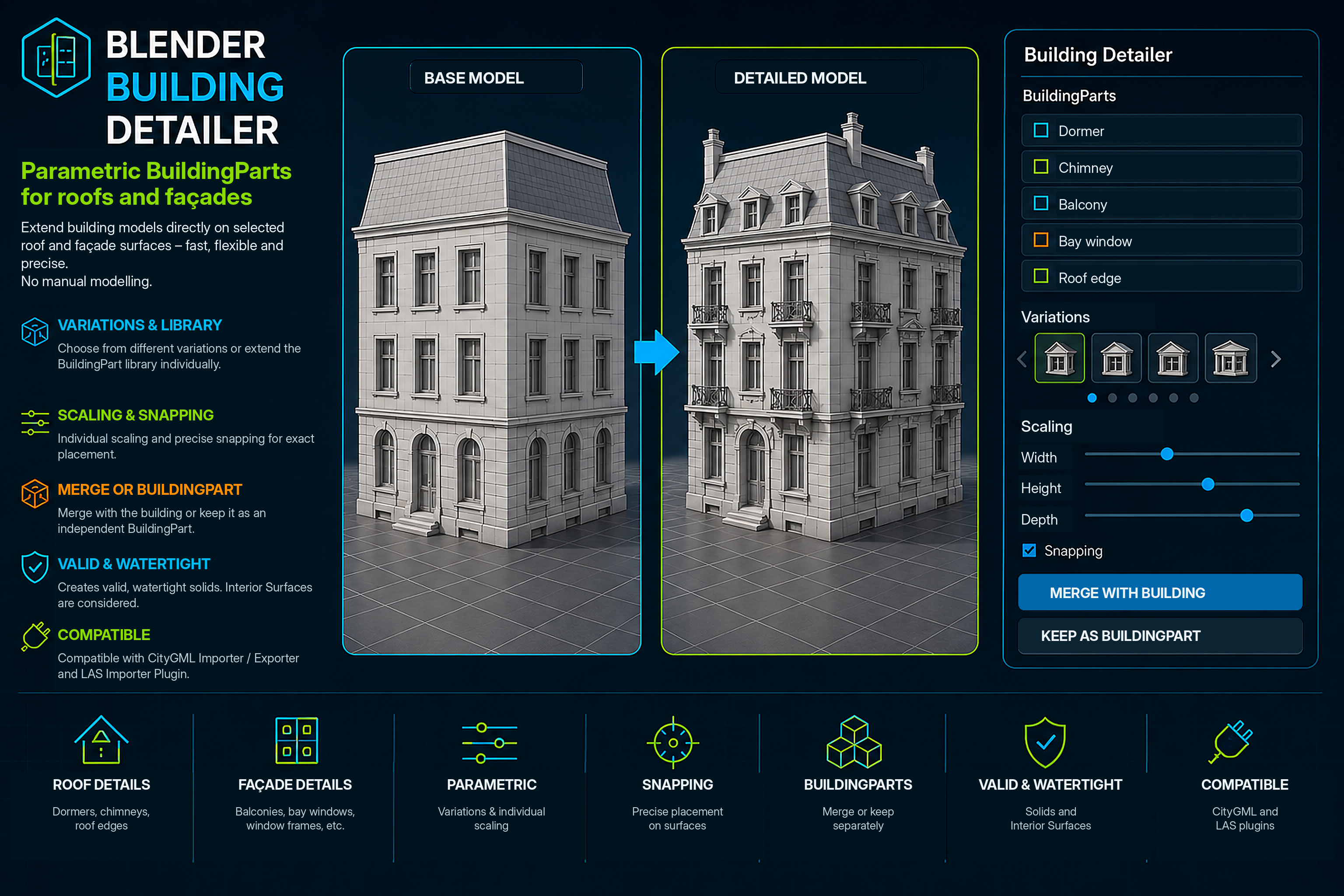 Visualisation of the Blender Building Detailer with variations, scaling, snapping and valid BuildingParts for roofs and façades