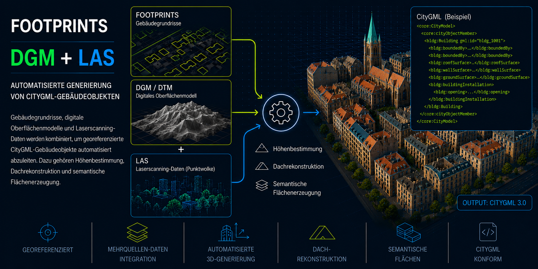 Visualisierung der automatisierten Ableitung von CityGML-Gebäuden aus Footprints, digitalen Geländemodellen und LAS-Punktwolken